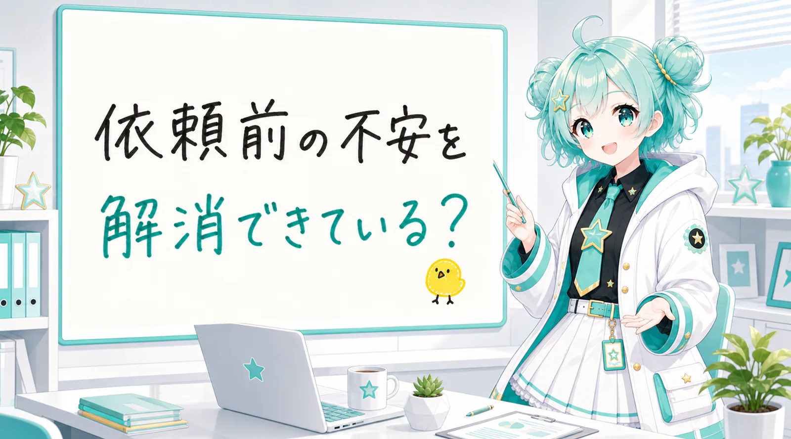「依頼前の不安を解消できている？」と手書きされたホワイトボードを指す公式キャラクターと、ひよこの落書き