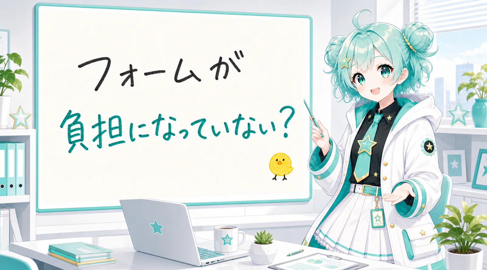 「フォームが負担になっていない？」と手書きされたホワイトボードを指す公式キャラクターと、ひよこの落書き