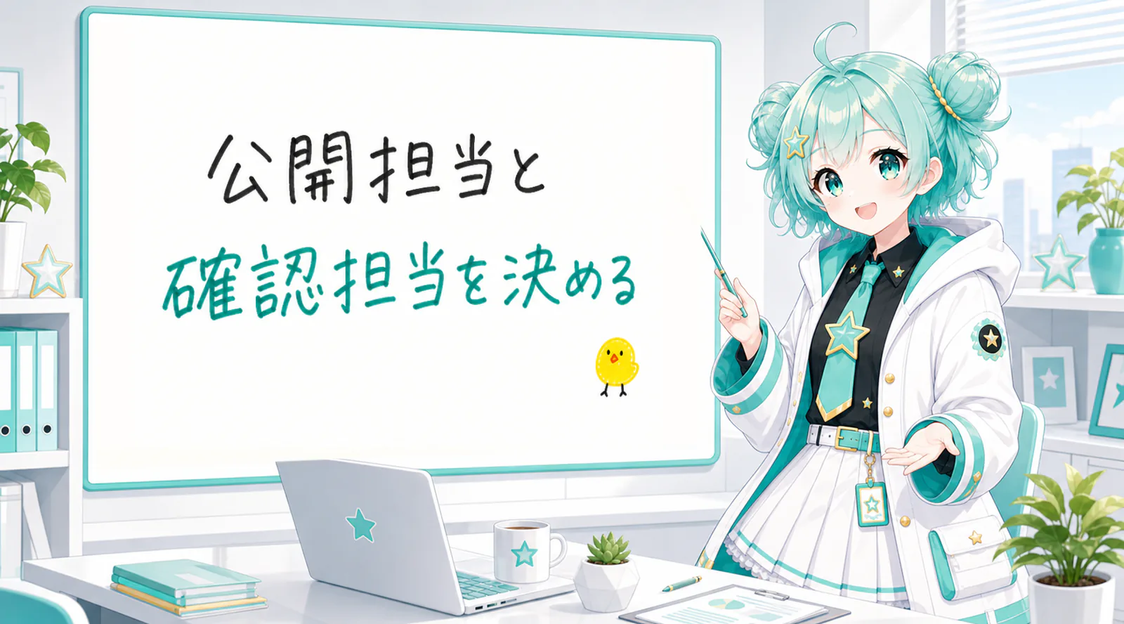 「公開担当と確認担当を決める」と手書きされたホワイトボードを指す公式キャラクターと、ひよこの落書き