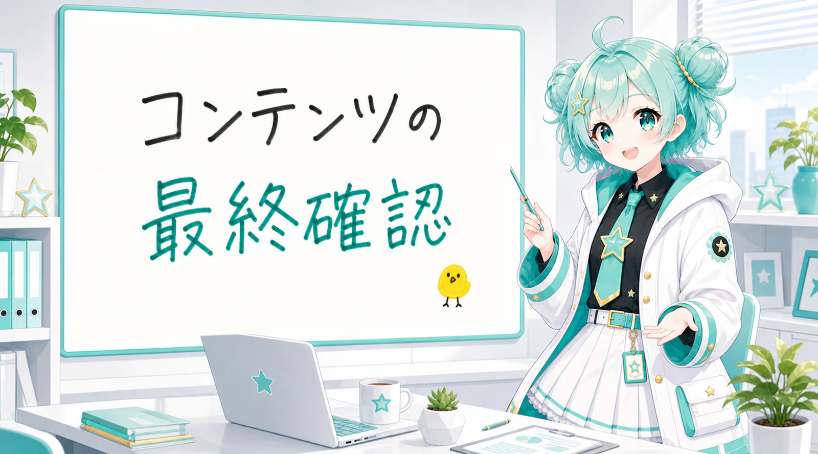 「コンテンツの最終確認」と手書きされたホワイトボードを指す公式キャラクターと、ひよこの落書き