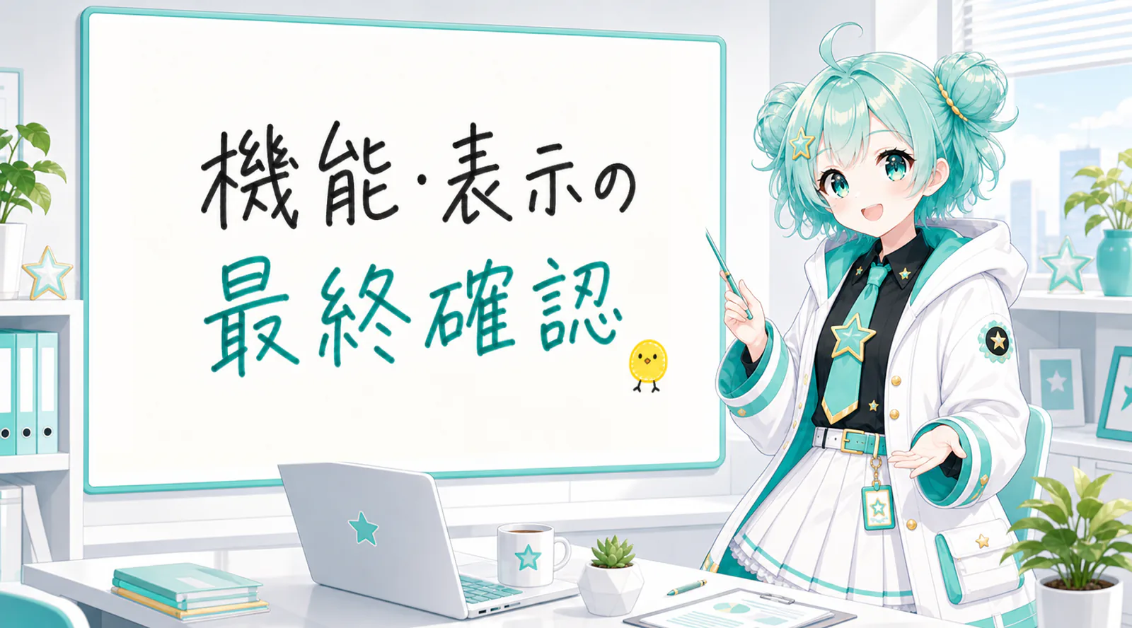 「機能・表示の最終確認」と手書きされたホワイトボードを指す公式キャラクターと、ひよこの落書き