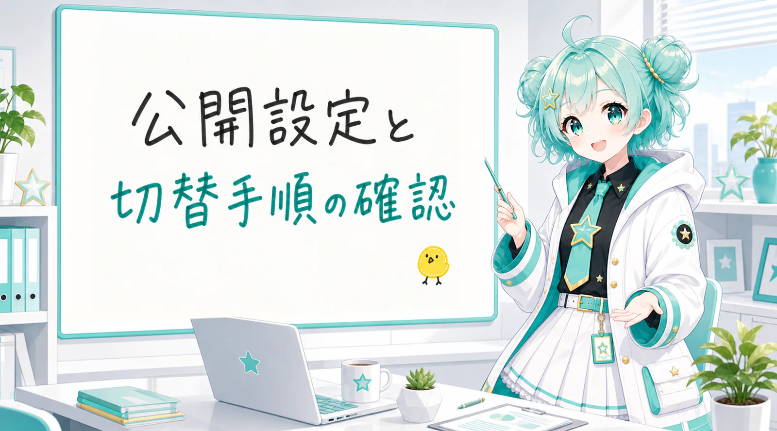 「公開設定と切替手順の確認」と手書きされたホワイトボードを指す公式キャラクターと、ひよこの落書き