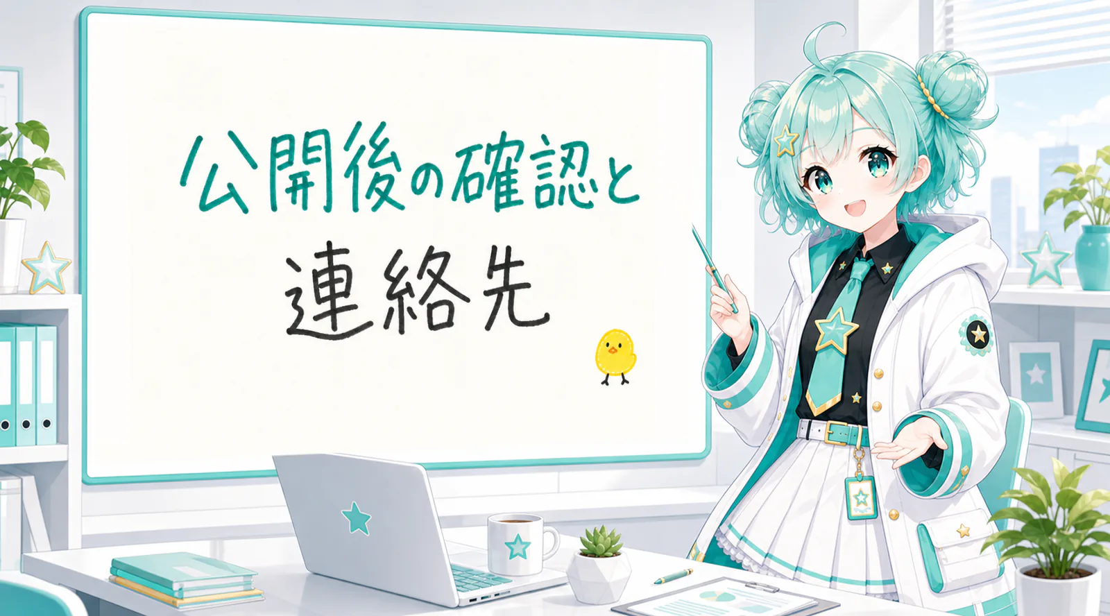 「公開後の確認と連絡先」と手書きされたホワイトボードを指す公式キャラクターと、ひよこの落書き