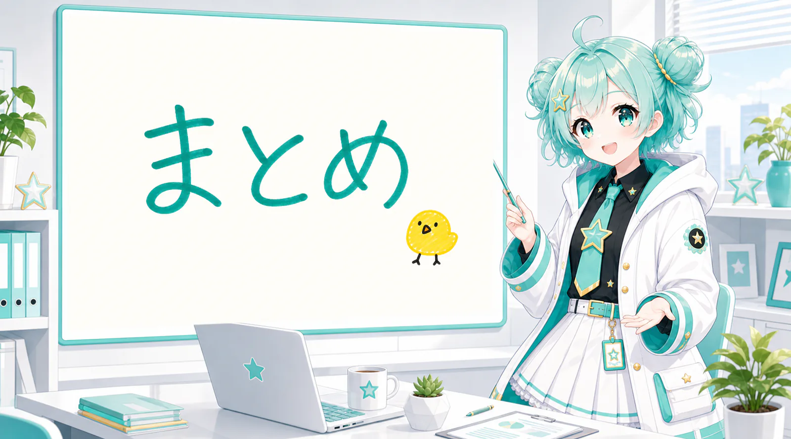 「まとめ」と手書きされたホワイトボードを指す公式キャラクターと、ひよこの落書き