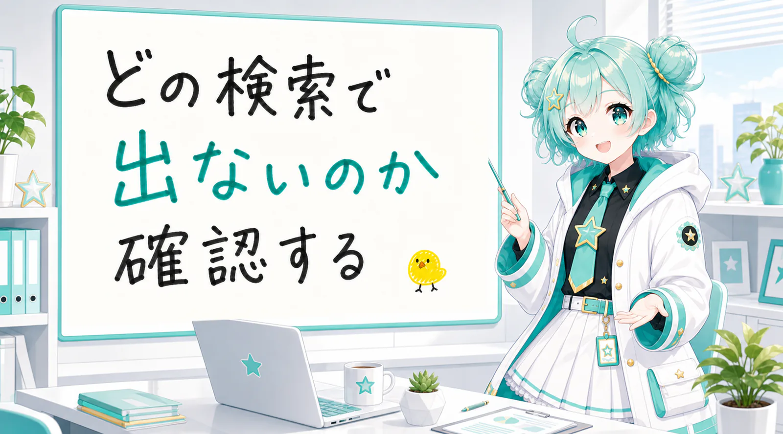 「どの検索で出ないのか確認する」と手書きされたホワイトボードを指す公式キャラクターと、ひよこの落書き
