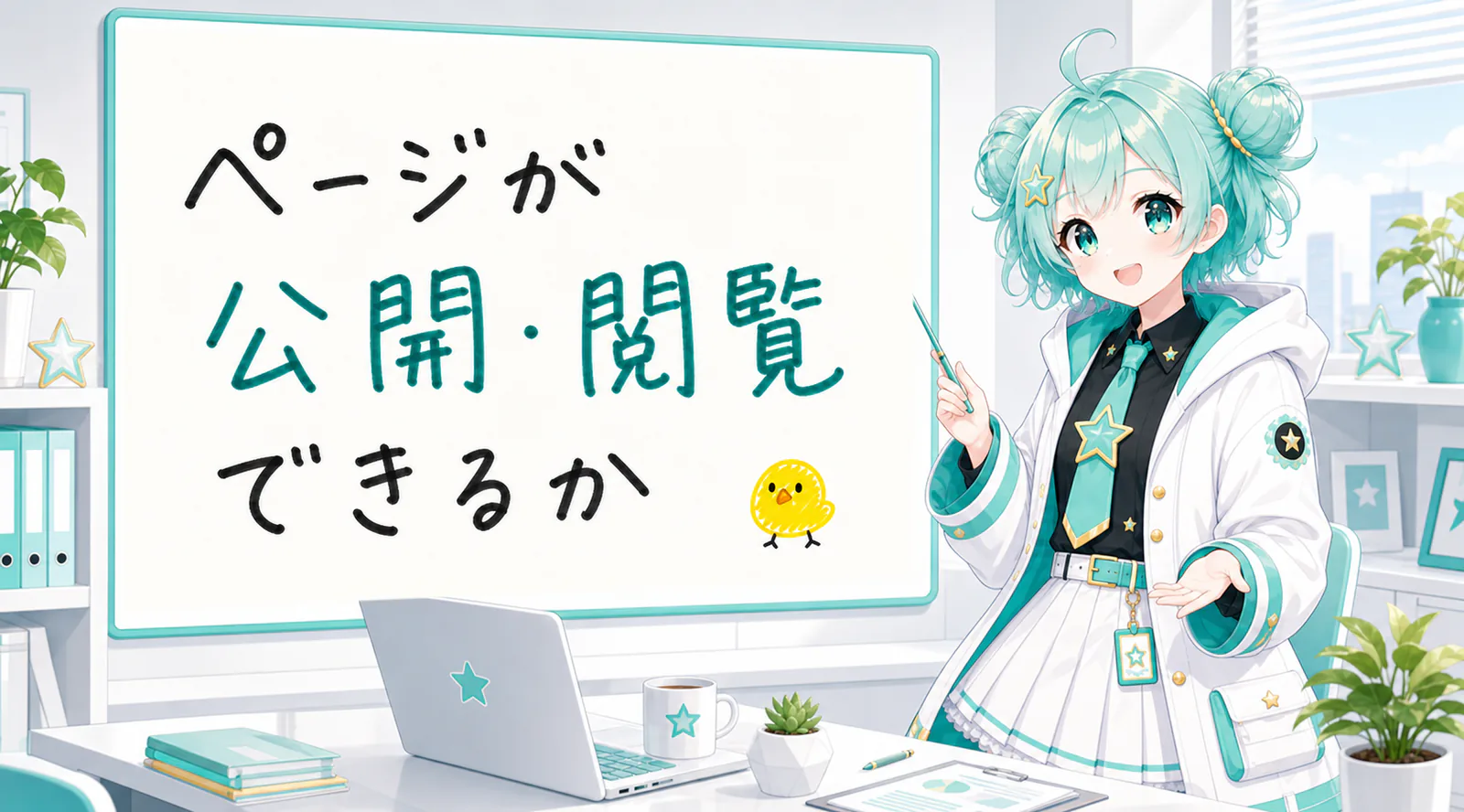 「ページが公開・閲覧できるか」と手書きされたホワイトボードを指す公式キャラクターと、ひよこの落書き