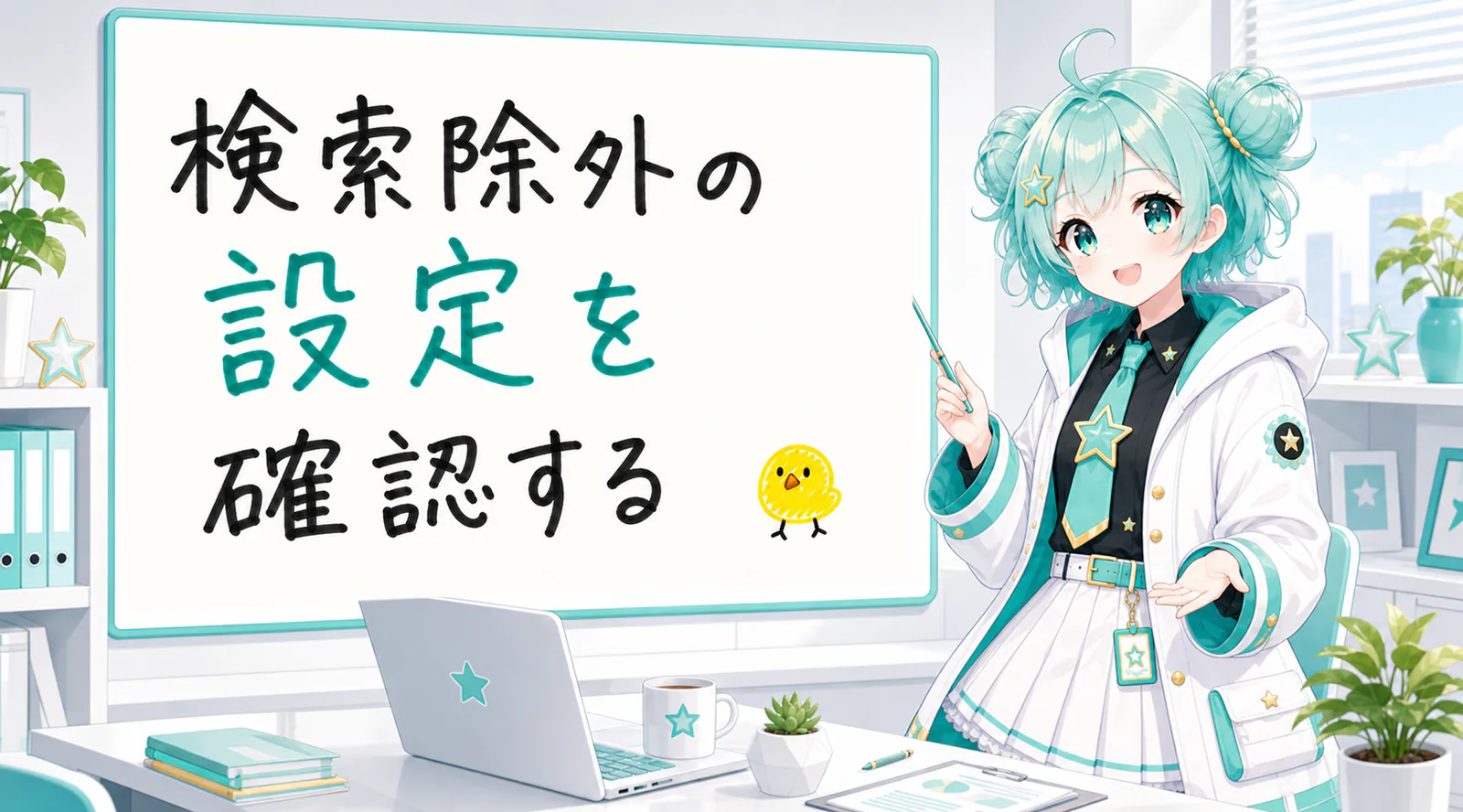 「検索除外の設定を確認する」と手書きされたホワイトボードを指す公式キャラクターと、ひよこの落書き