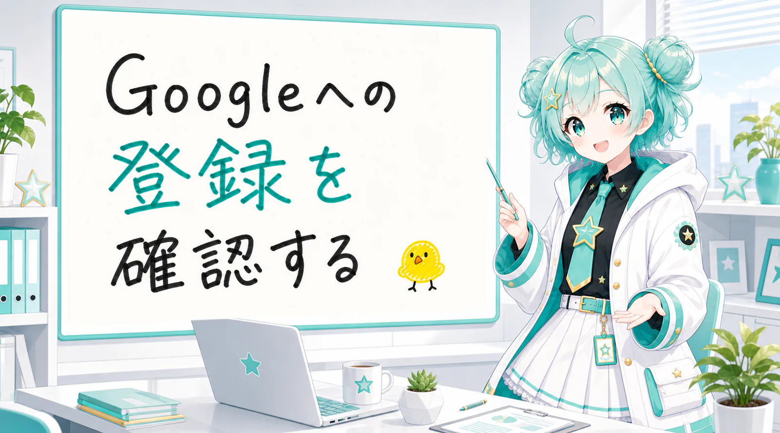 「Googleへの登録を確認する」と手書きされたホワイトボードを指す公式キャラクターと、ひよこの落書き