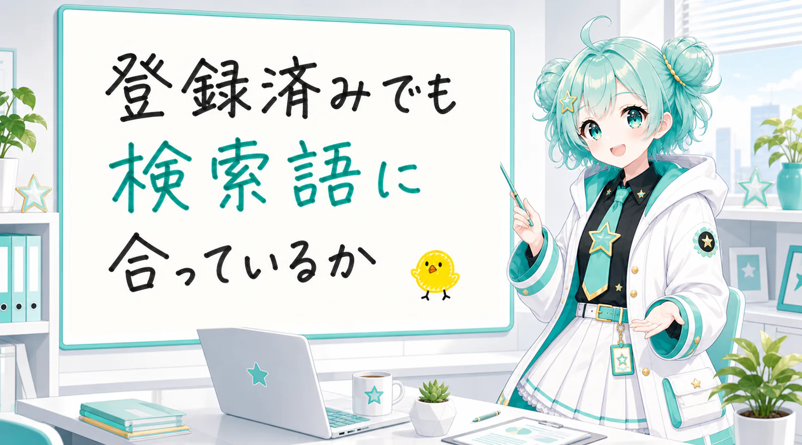 「登録済みでも検索語に合っているか」と手書きされたホワイトボードを指す公式キャラクターと、ひよこの落書き