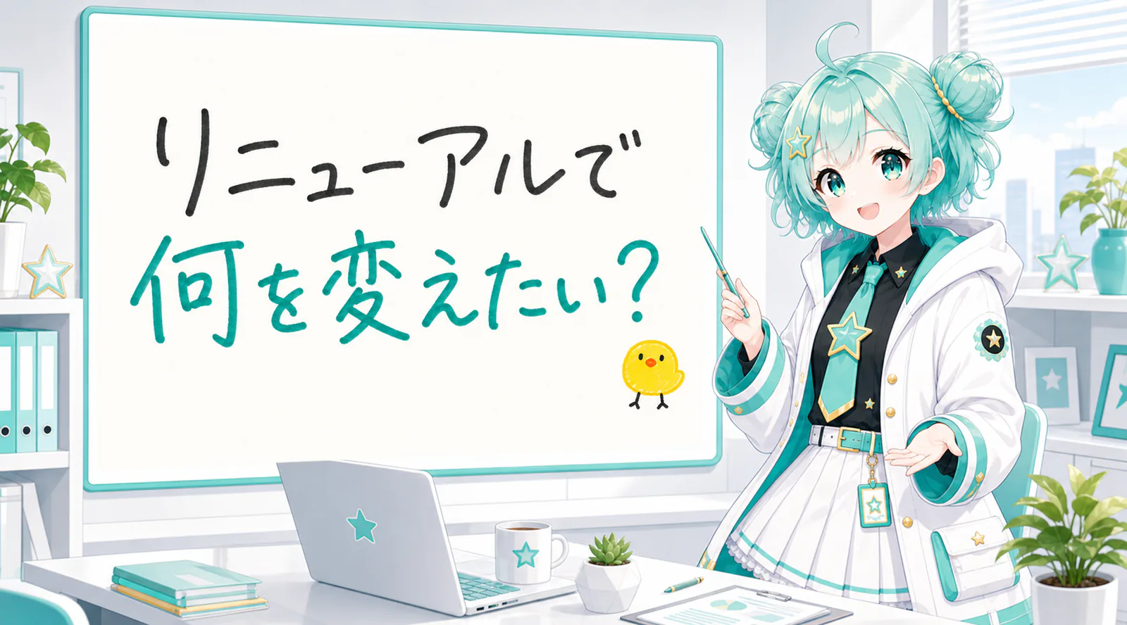 「リニューアルで何を変えたい?」と手書きされたホワイトボードを指す公式キャラクターと、ひよこの落書き