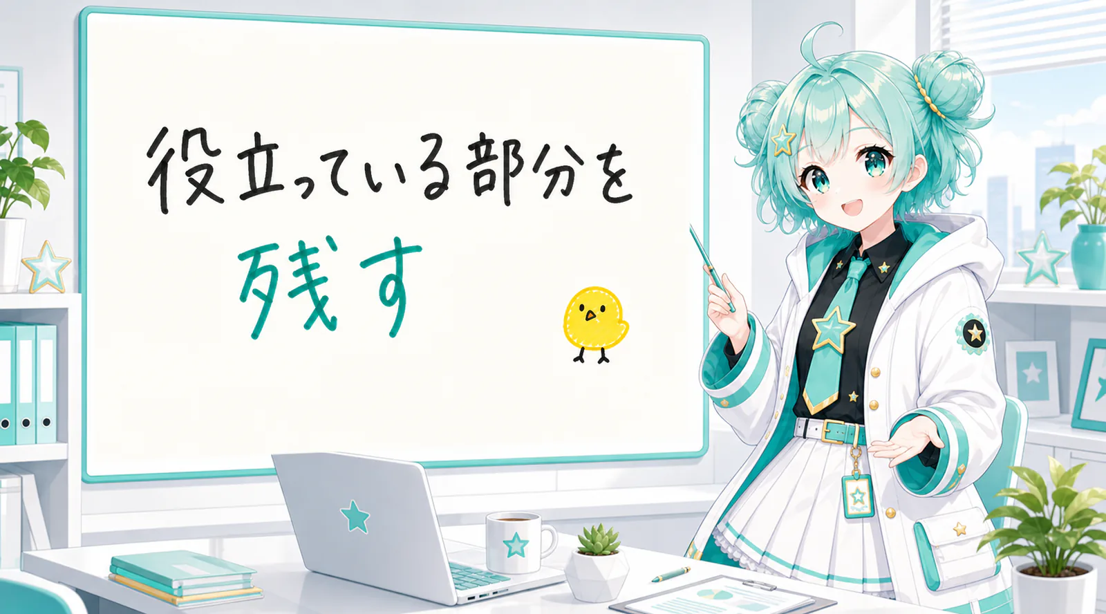 「役立っている部分を残す」と手書きされたホワイトボードを指す公式キャラクターと、ひよこの落書き