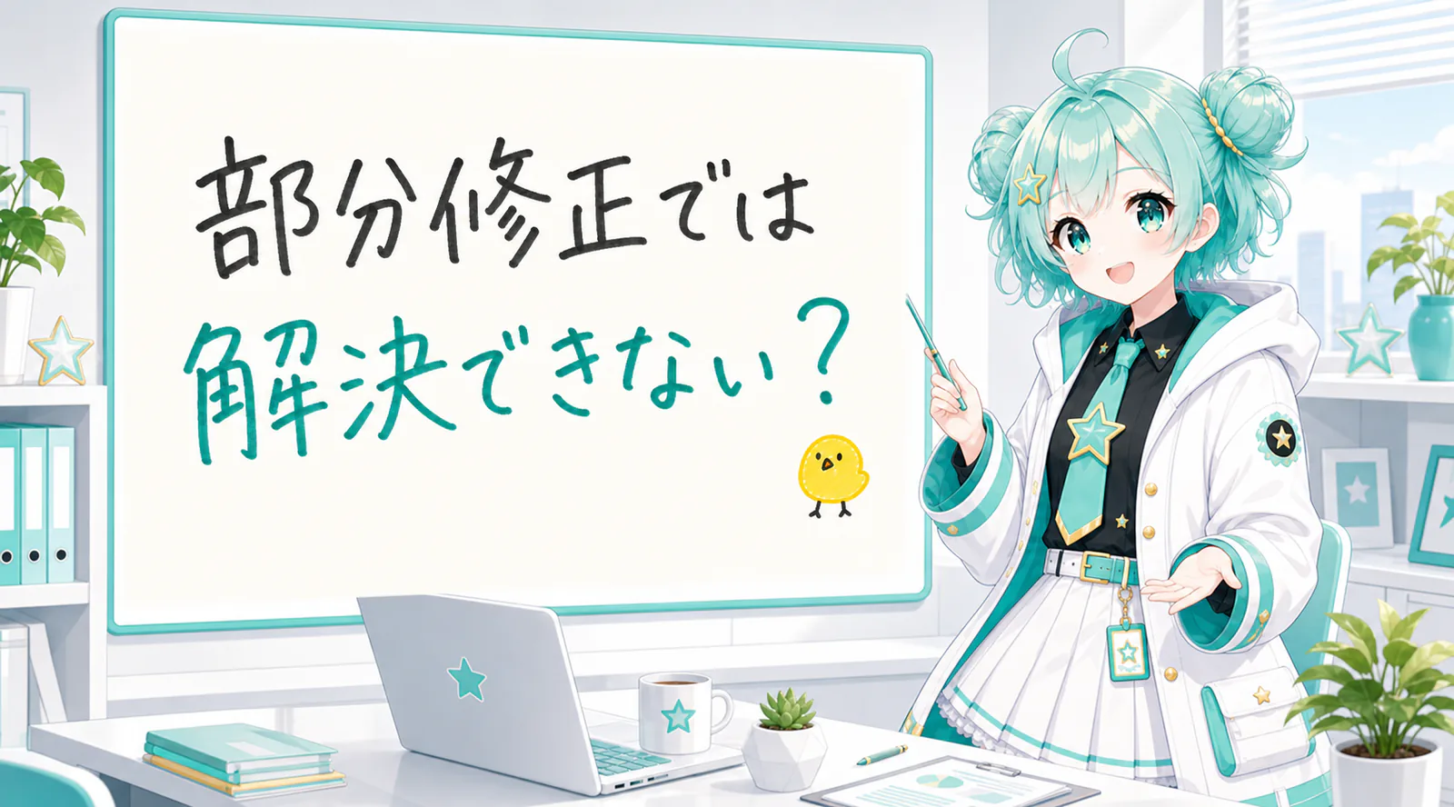 「部分修正では解決できない?」と手書きされたホワイトボードを指す公式キャラクターと、ひよこの落書き
