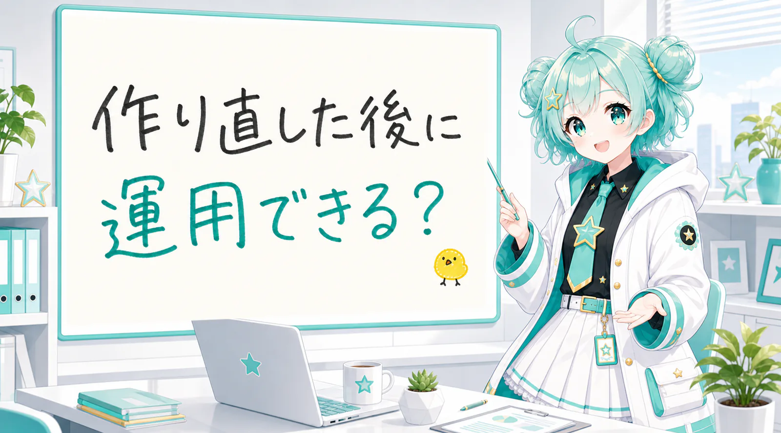 「作り直した後に運用できる?」と手書きされたホワイトボードを指す公式キャラクターと、ひよこの落書き