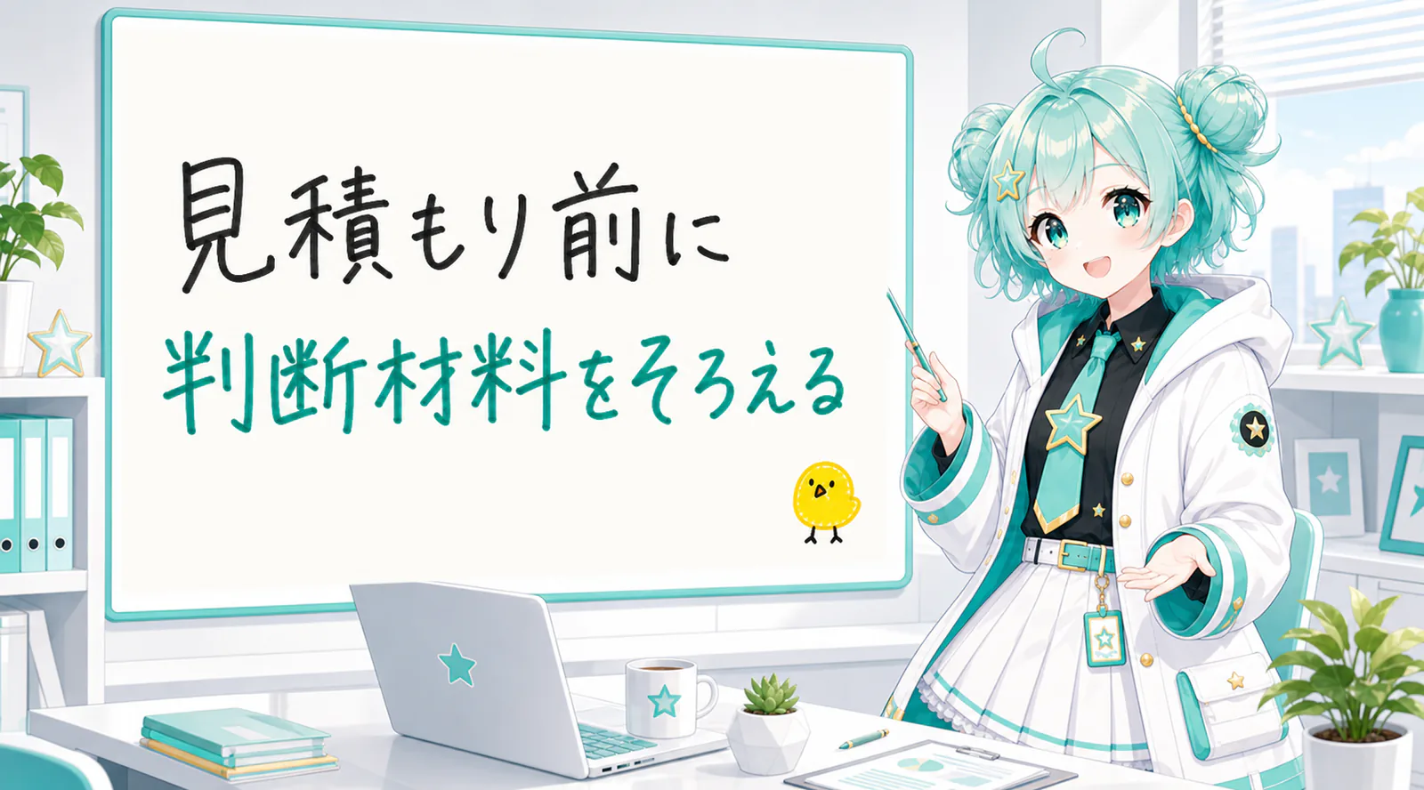 「見積もり前に判断材料をそろえる」と手書きされたホワイトボードを指す公式キャラクターと、ひよこの落書き