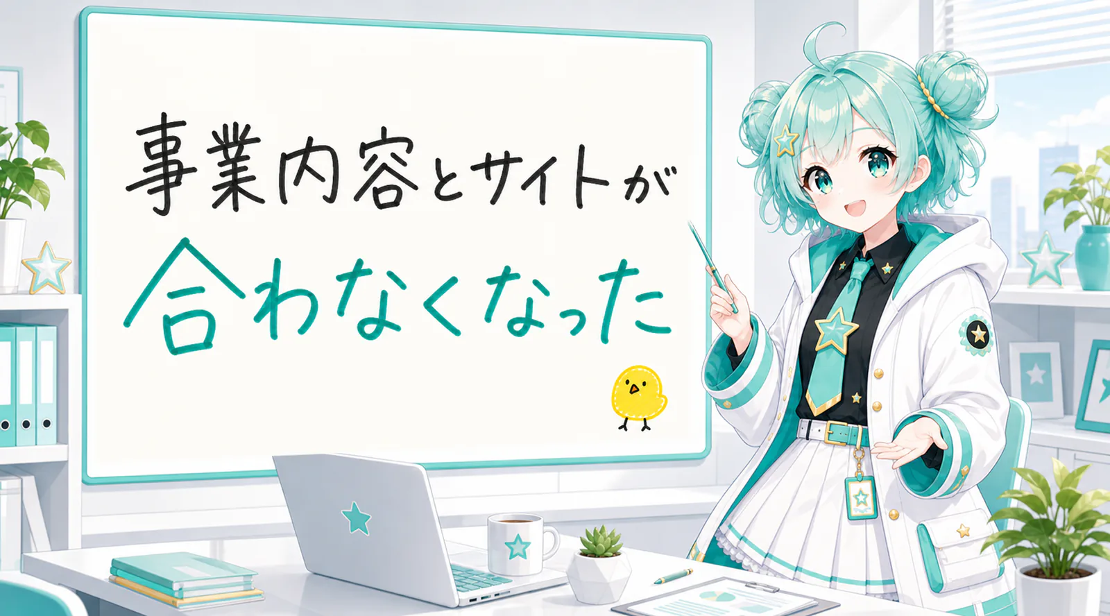 「事業内容とサイトが合わなくなった」と手書きされたホワイトボードを指す公式キャラクターと、ひよこの落書き