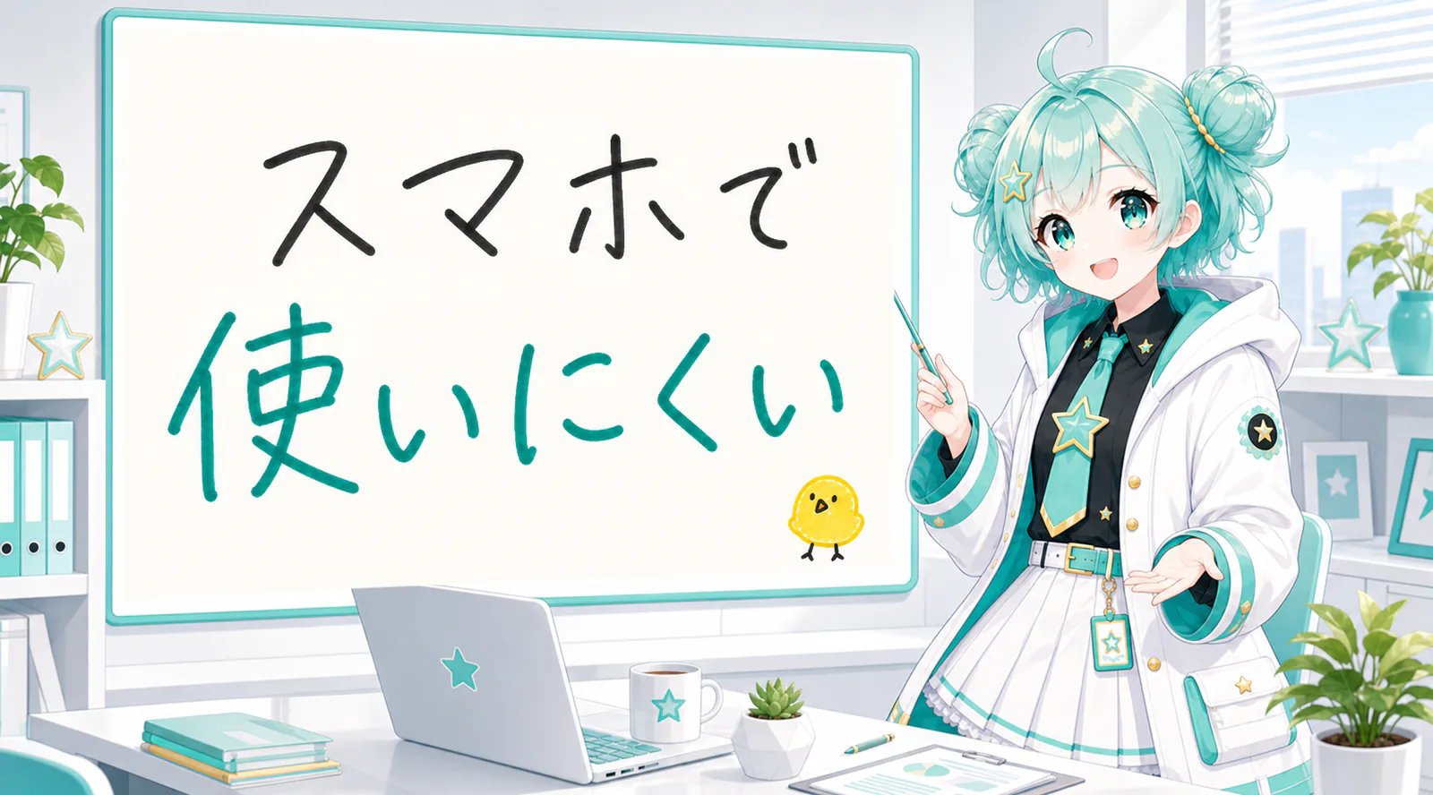 「スマホで使いにくい」と手書きされたホワイトボードを指す公式キャラクターと、ひよこの落書き