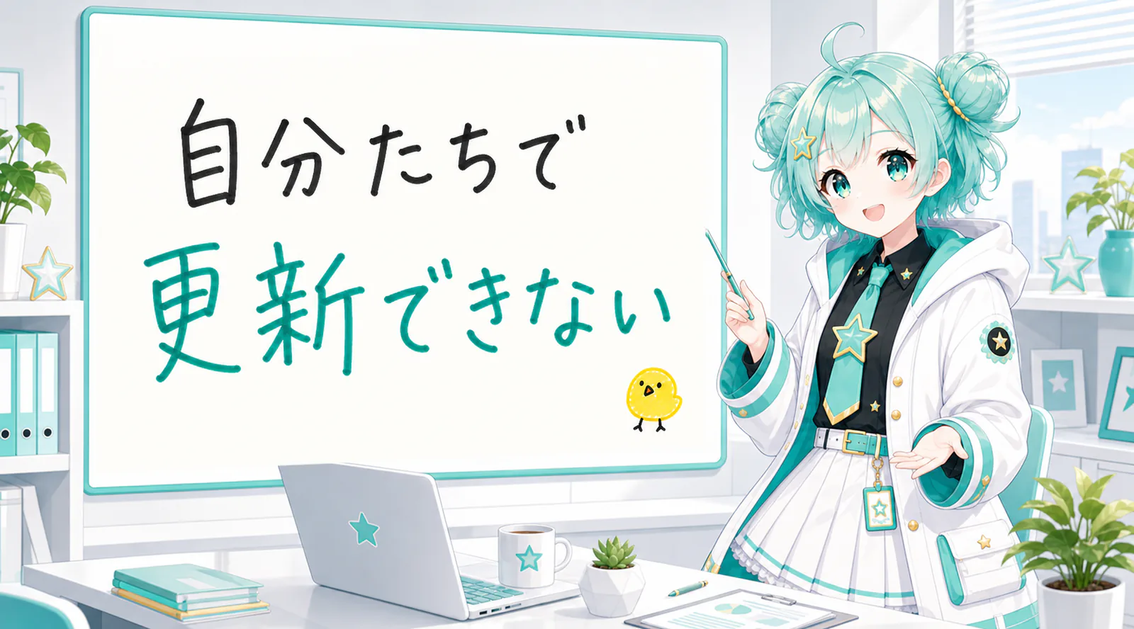 「自分たちで更新できない」と手書きされたホワイトボードを指す公式キャラクターと、ひよこの落書き