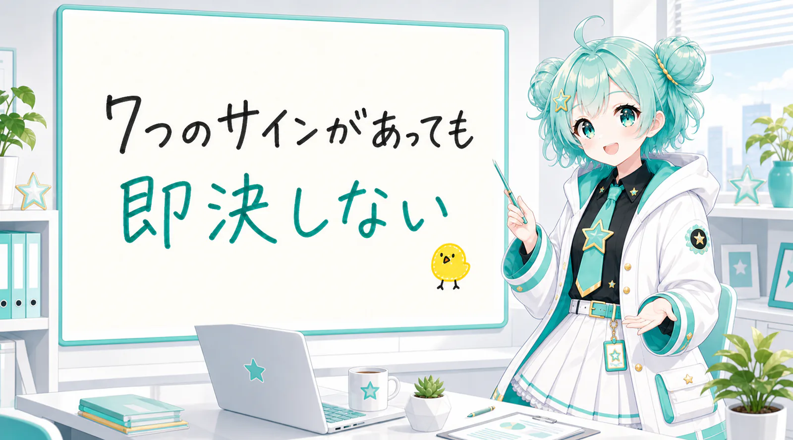 「7つのサインがあっても即決しない」と手書きされたホワイトボードを指す公式キャラクターと、ひよこの落書き