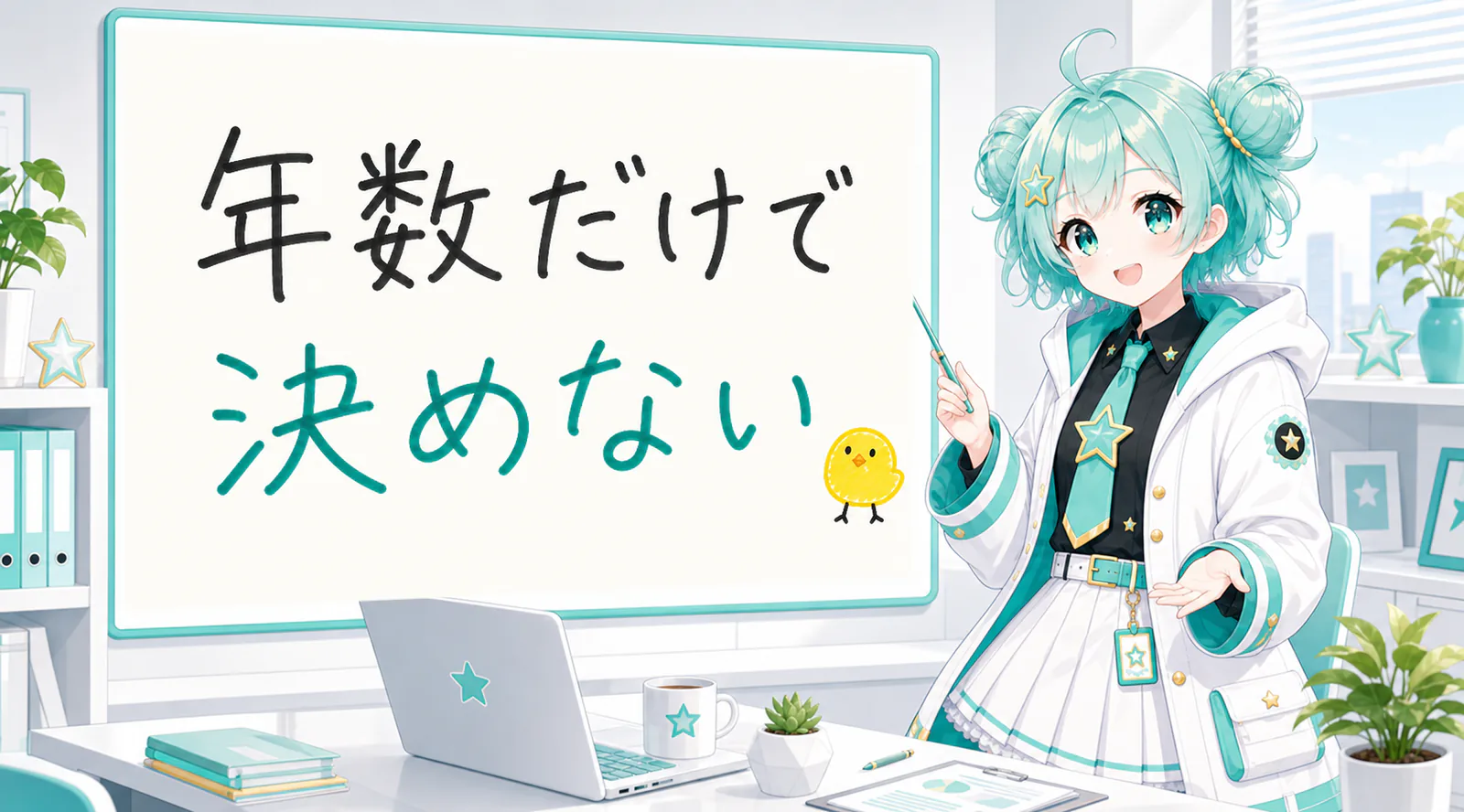 「年数だけで決めない」と手書きされたホワイトボードを指す公式キャラクターと、ひよこの落書き