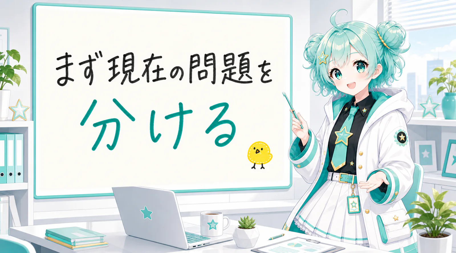 「まず現在の問題を分ける」と手書きされたホワイトボードを指す公式キャラクターと、ひよこの落書き