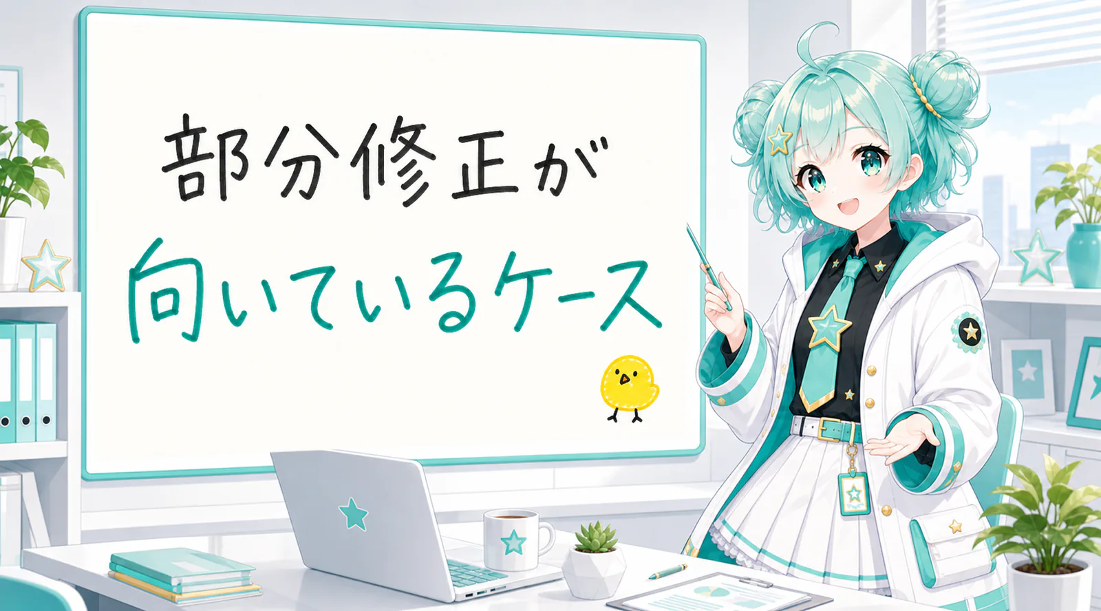 「部分修正が向いているケース」と手書きされたホワイトボードを指す公式キャラクターと、ひよこの落書き