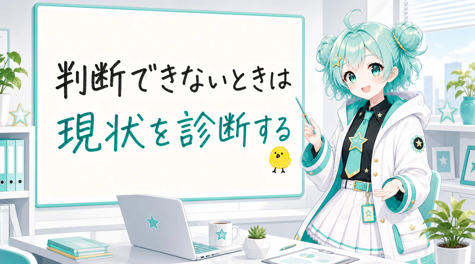 「判断できないときは現状を診断する」と手書きされたホワイトボードを指す公式キャラクターと、ひよこの落書き