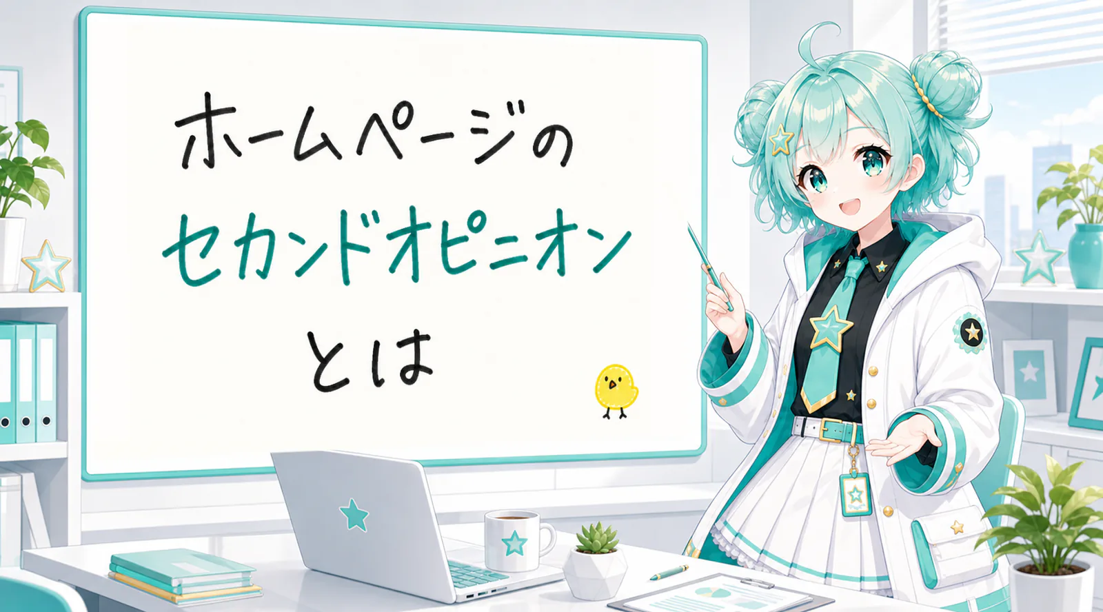 「ホームページのセカンドオピニオンとは」と手書きされたホワイトボードを指す公式キャラクターと、ひよこの落書き