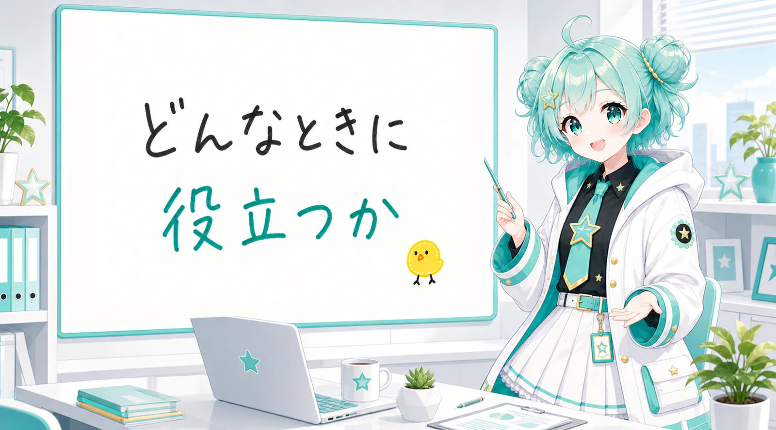 「どんなときに役立つか」と手書きされたホワイトボードを指す公式キャラクターと、ひよこの落書き