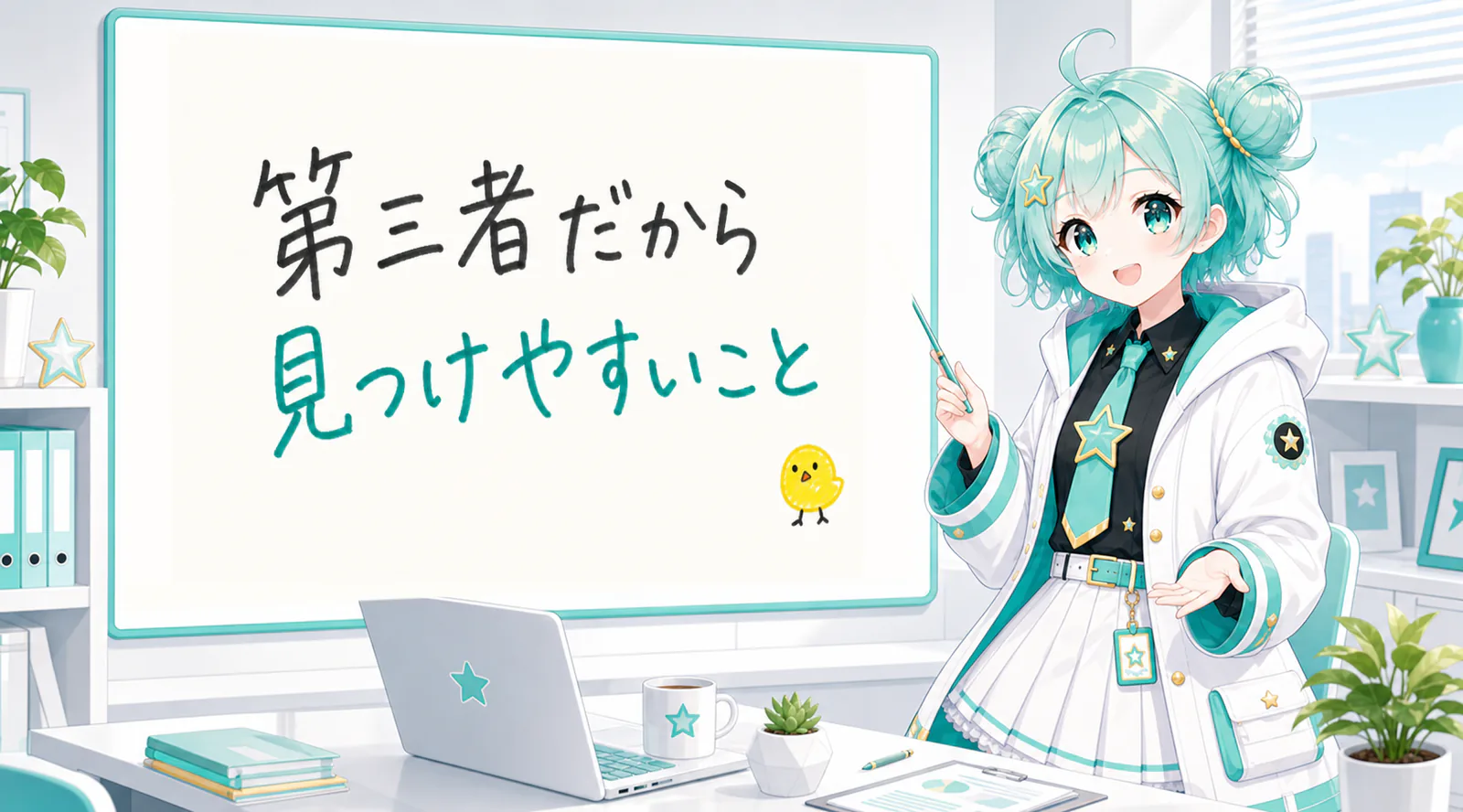 「第三者だから見つけやすいこと」と手書きされたホワイトボードを指す公式キャラクターと、ひよこの落書き