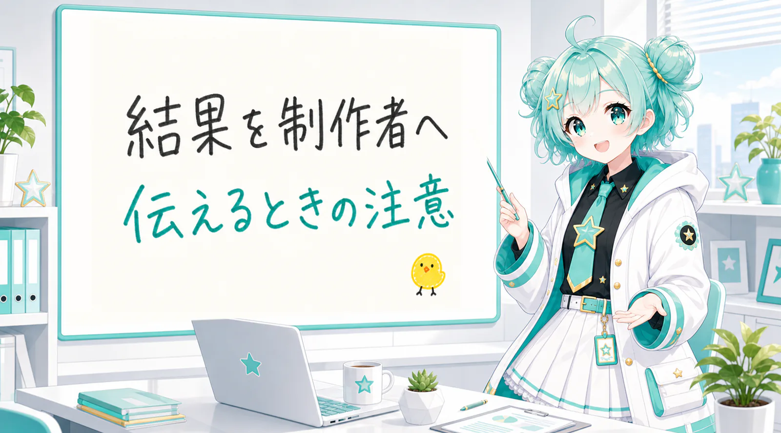 「結果を制作者へ伝えるときの注意」と手書きされたホワイトボードを指す公式キャラクターと、ひよこの落書き