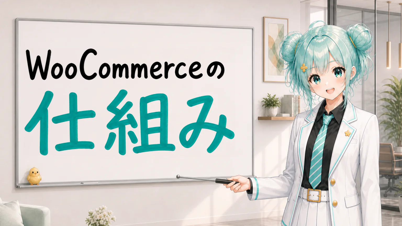 「WooCommerceの仕組み」と手書きされたホワイトボードを指す公式キャラクターと、ひよこの落書き