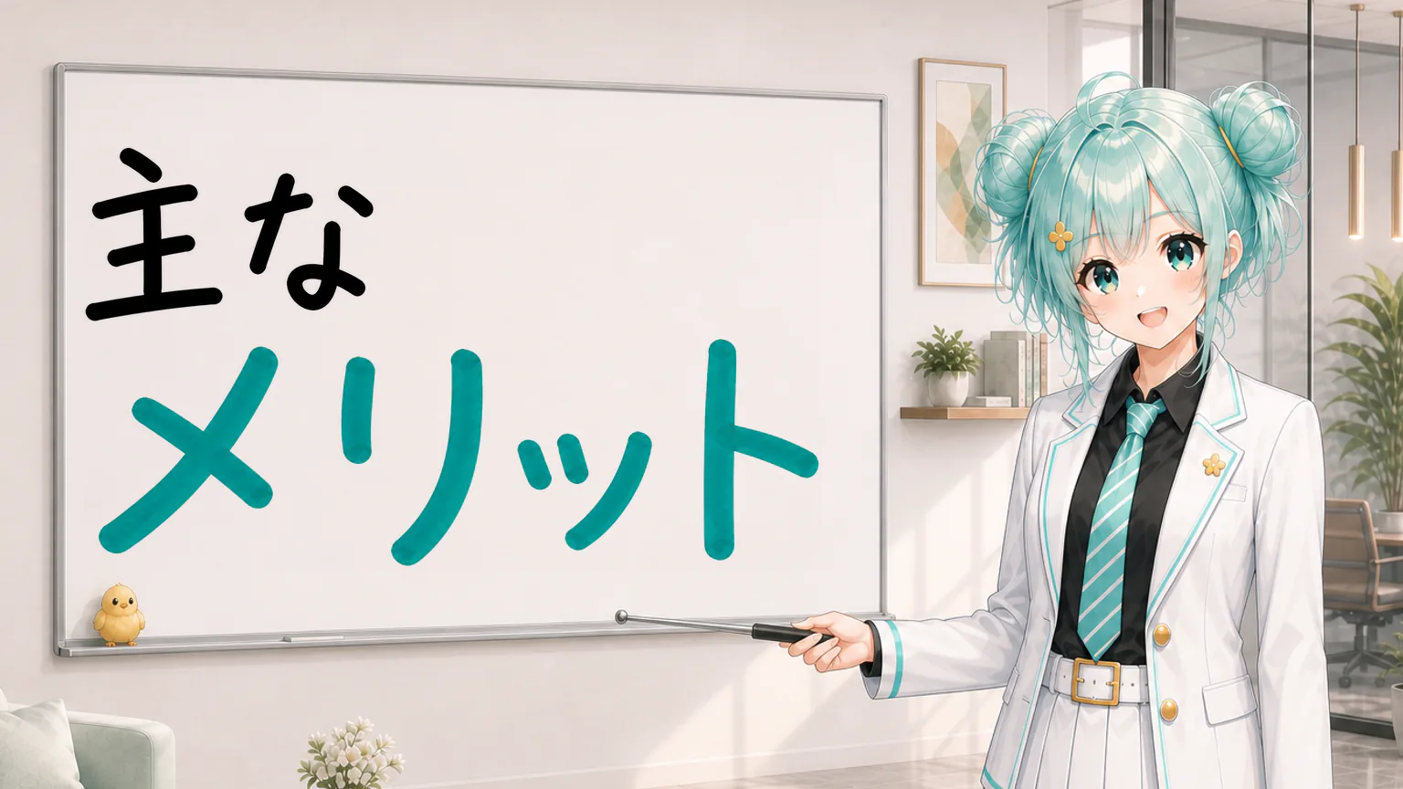 「主なメリット」と手書きされたホワイトボードを指す公式キャラクターと、ひよこの落書き