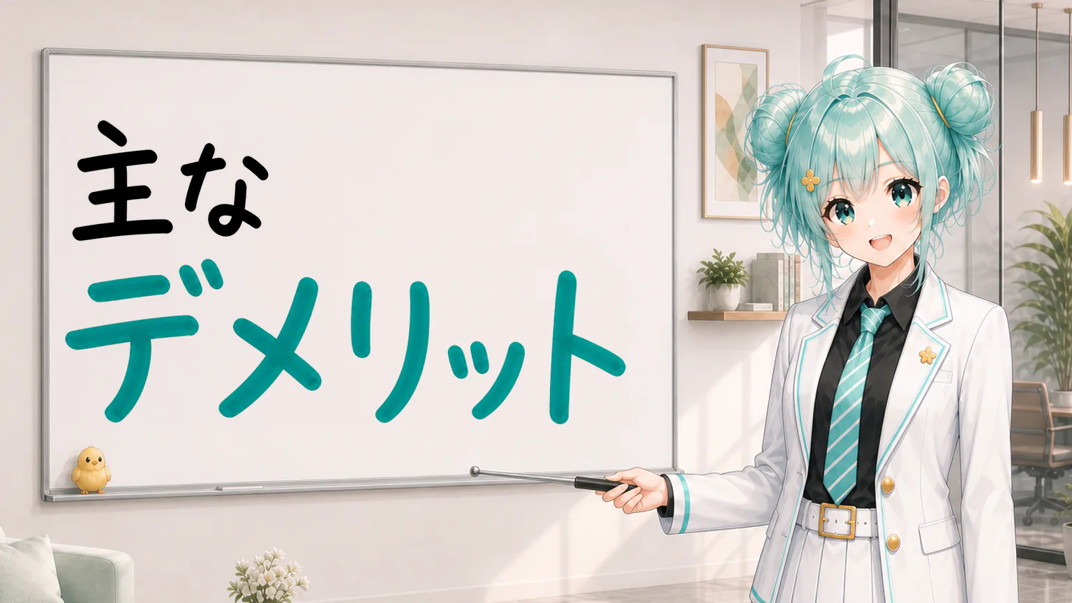 「主なデメリット」と手書きされたホワイトボードを指す公式キャラクターと、ひよこの落書き
