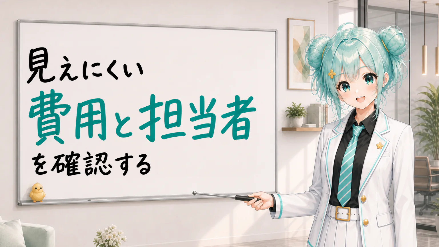 「見えにくい費用と担当者を確認する」と手書きされたホワイトボードを指す公式キャラクターと、ひよこの落書き