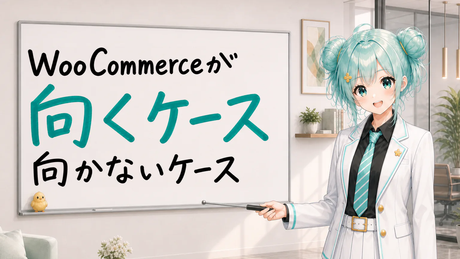 「WooCommerceが向くケース 向かないケース」と手書きされたホワイトボードを指す公式キャラクターと、ひよこの落書き