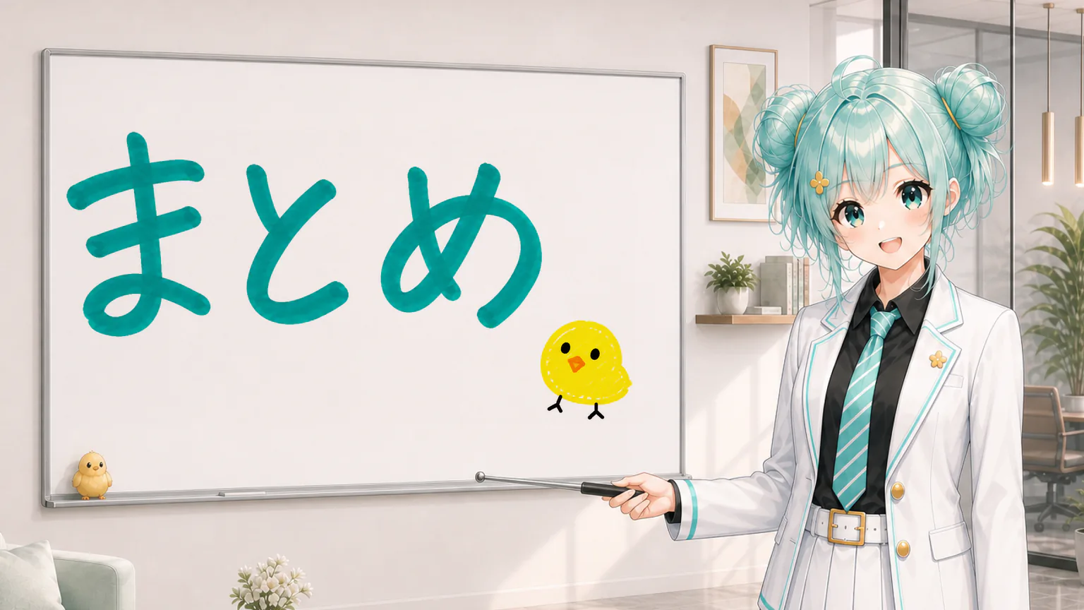 「まとめ」と手書きされたホワイトボードを指す公式キャラクターと、ひよこの落書き