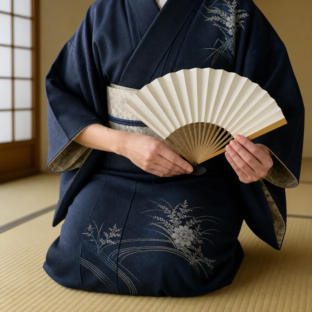 座敷で扇を持つ和装の手元と膝