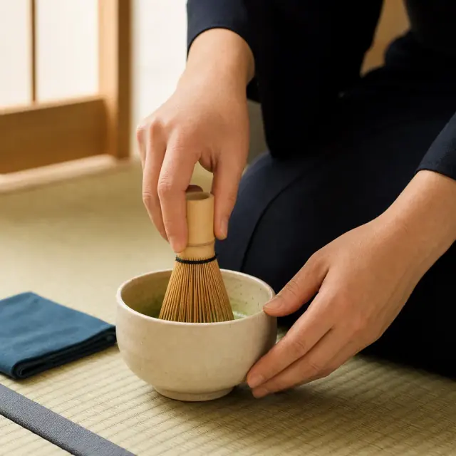 茶筅を持ち一服を点てる手元
