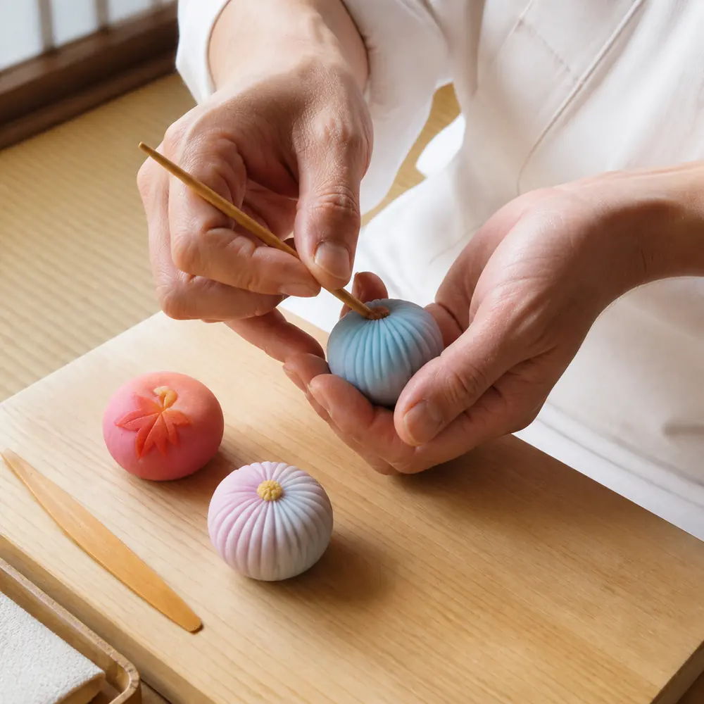 練り切りを成形する手元と二つの生菓子