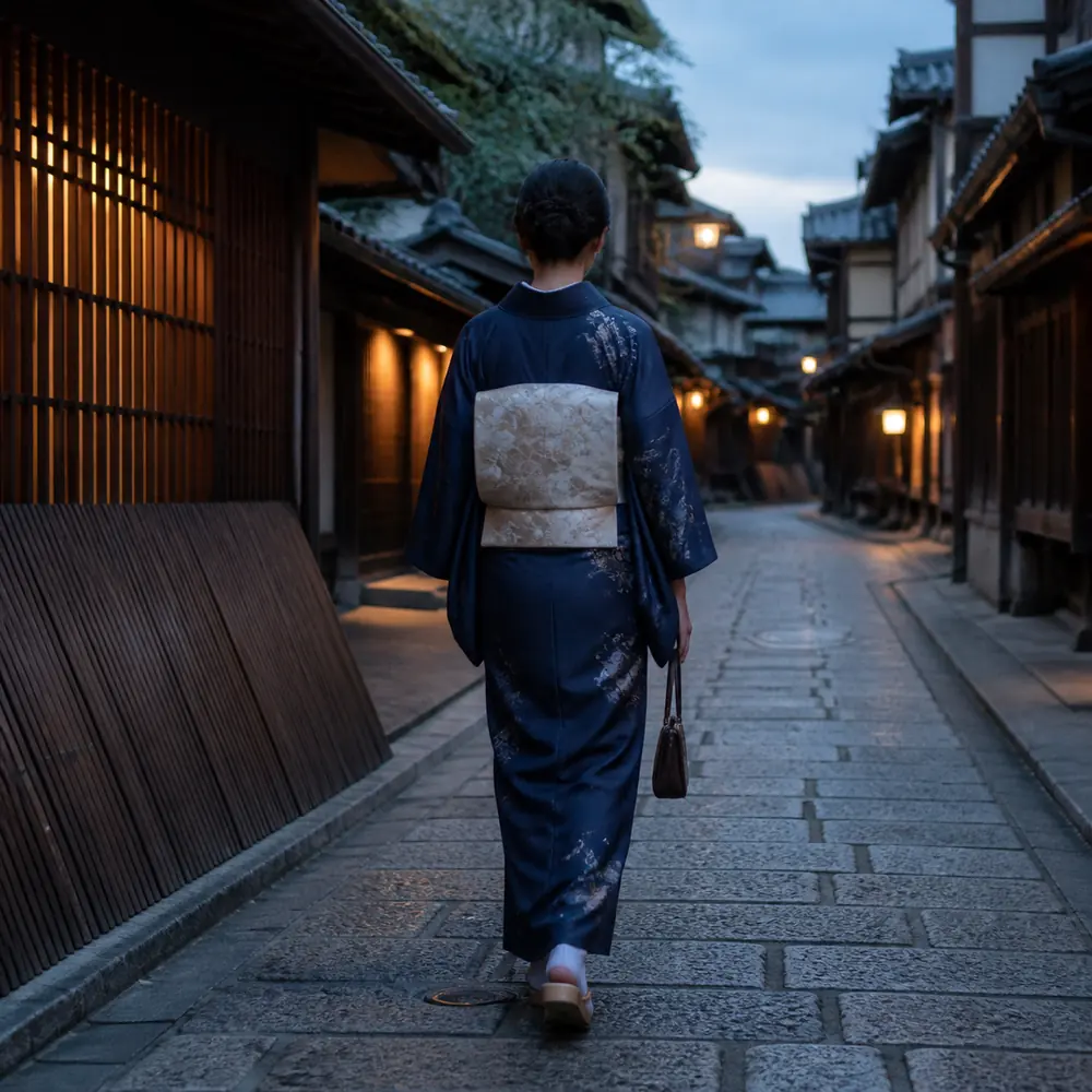 灯りが入り始めた町家の路地を歩く和装の後ろ姿