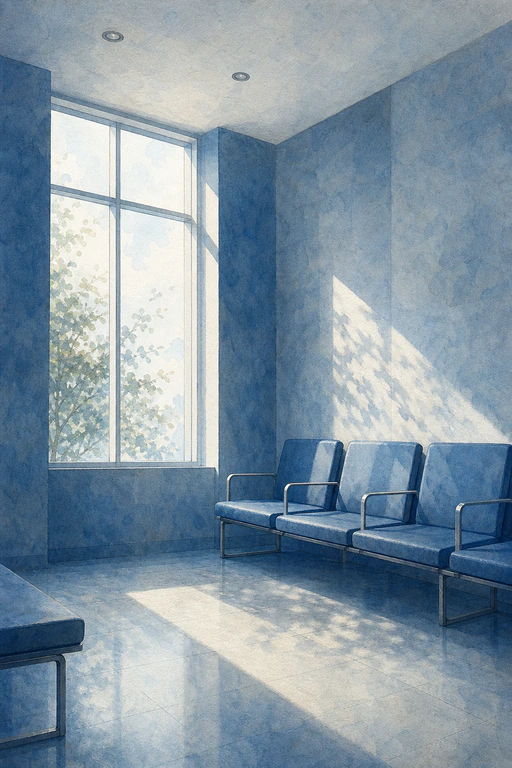 青を基調にした無人の待合室を描いた水彩画