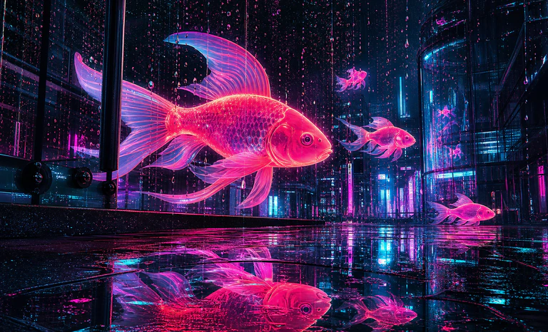 雨の夜の都市を泳ぐネオン色の金魚を描いたデジタル画