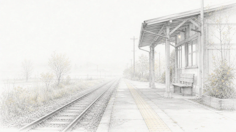 霧の中にある無人駅を淡い鉛筆線で描いた横長の作品