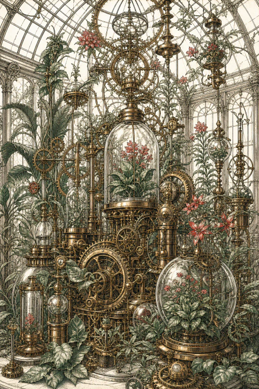 真鍮の歯車と植物が共生する温室を描いた、銅版画風の作品
