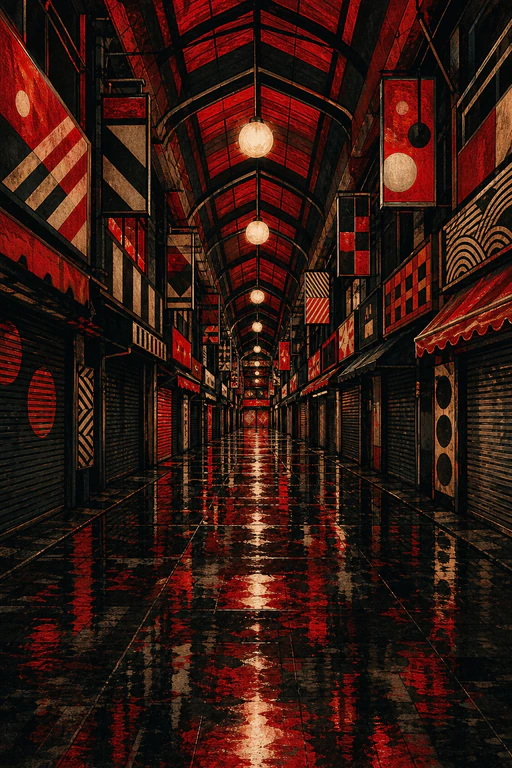 雨に濡れた閉店後の商店街を朱と墨で描いた作品