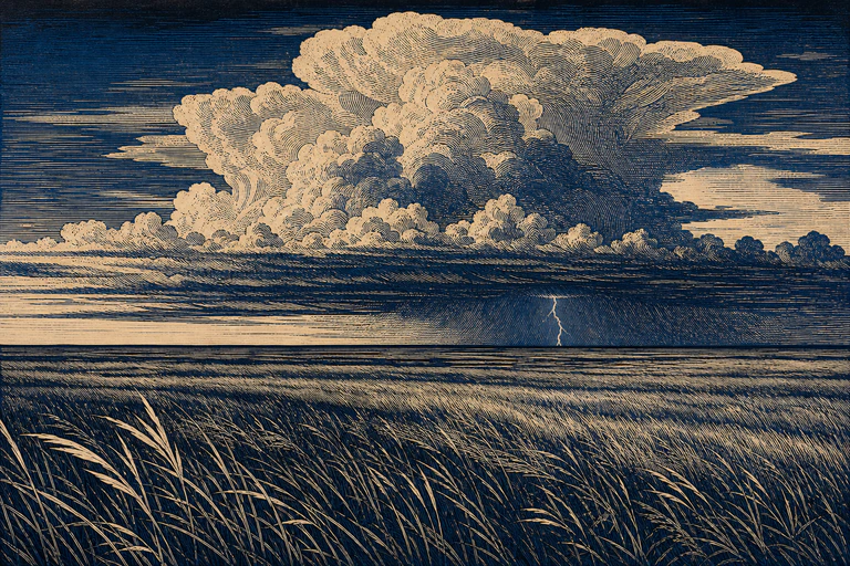 遠くの積乱雲と稲妻を藍色の木版画風に描いた草原の作品