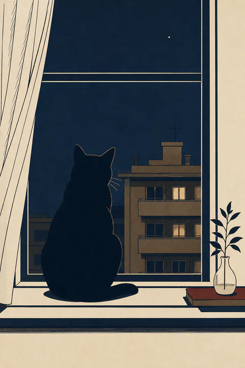 夜の窓辺に猫の影が佇む装画