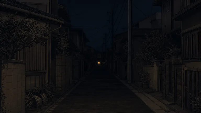 停電した夜の街並み。路地の奥に小さな灯りが一つ見える。