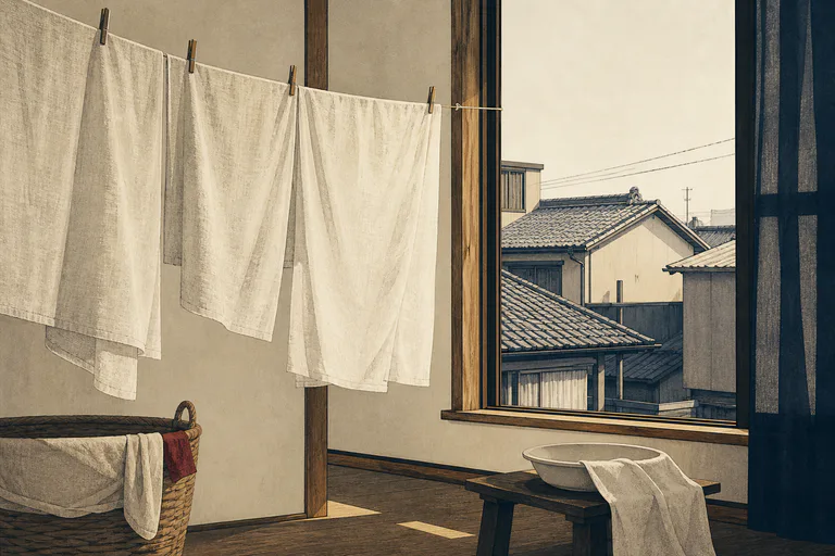 午後の静かな室内。窓辺で乾いた白い洗濯物が揺れている。