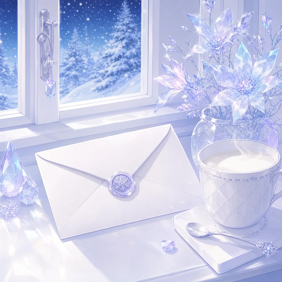 雪の結晶と白い手紙をささやかな光が包むジャケットイラスト